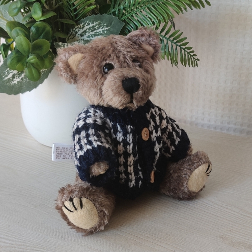 Hugfun Vintage 1998 Jointed Brown Teddy Bear w/Blue& White knit Sweater 9"